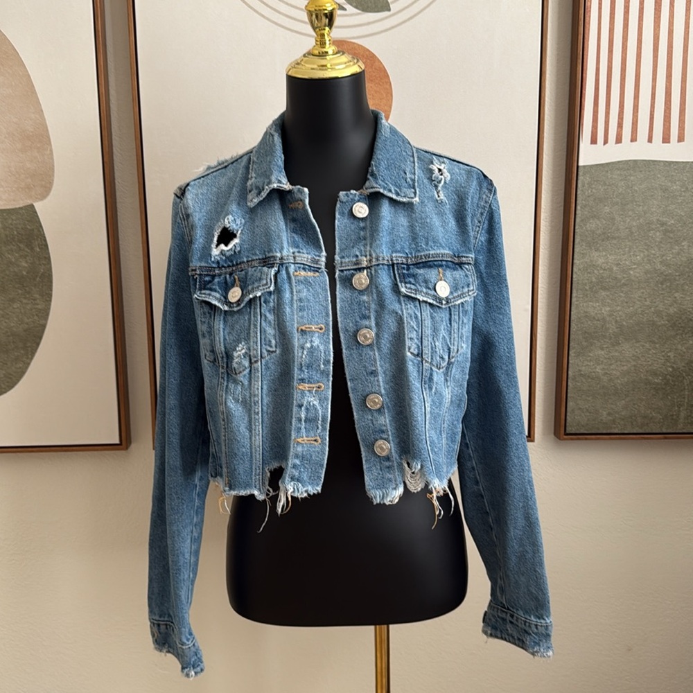 Zara Distressed Denim Cropped Jacket